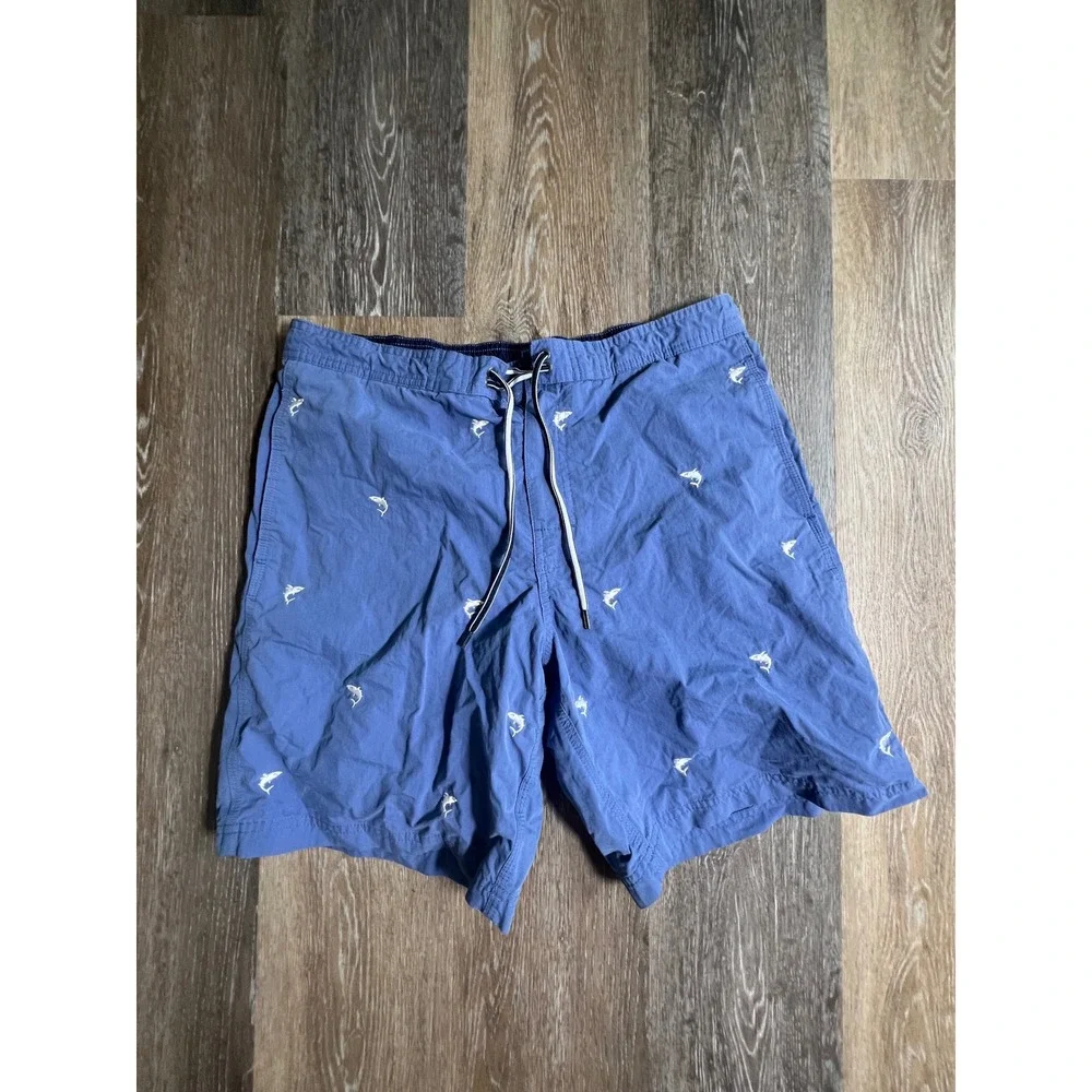 Cremieux Swim Trunks Mens Large Blue Shark Embroidered Excellent Drawstring Mesh